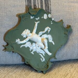 Vintage German Jasperware Green and White Cherub Wall Plaque